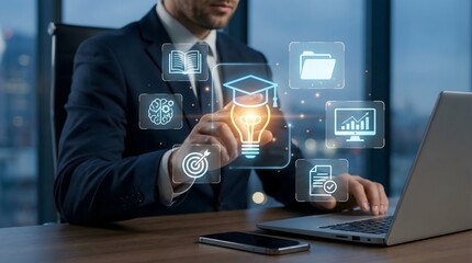 Businessman interacting with digital education and e-learning innovation icons