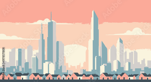 The urban landscape features a sunset silhouette of the tall Dubai skyline and its business skyscrapers towering over the downtown city architecture