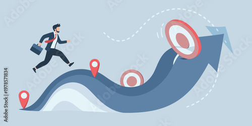 Businessman running towards success on a rising growth chart arrow