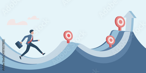 Businessman climbs a winding path towards multiple targets and success