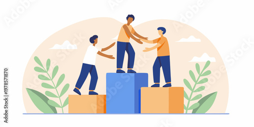 Three men helping each other climb blocks against a blue sky