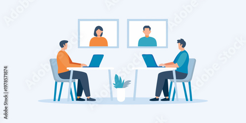 Two people conduct a video interview with candidates remotely