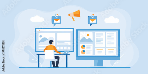 Person analyzing data and marketing campaigns on multiple computer monitors