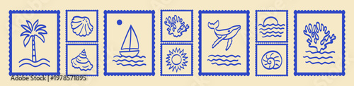 Summer coastal blue vector post stamp ocean set hand-drawn palm tree on waves, seashells, a sailboat under sun, coral, a spiral shell, a bright sun, and a whale above water, minimal postage design.
