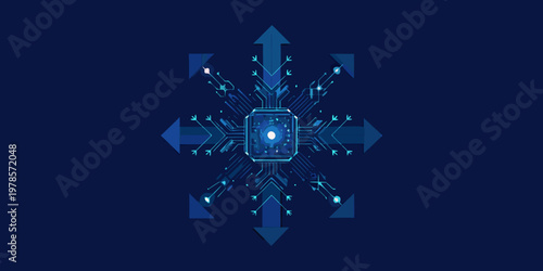 Abstract blue circuit board with central glowing core and directional arrows