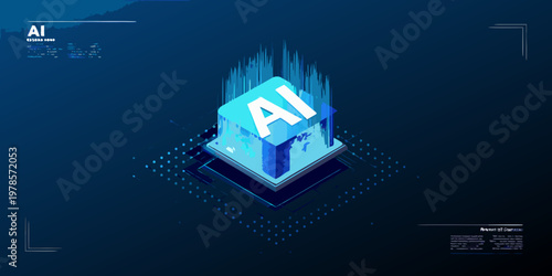 Isometric illustration of an ai cube with digital data streams
