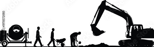 Minimalist black silhouette illustration of construction workers with wheelbarrow, shovel, concrete mixer, and excavator representing building site, manual labor, machinery, and teamwork activity