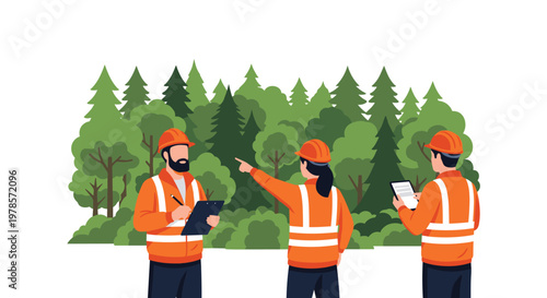 Three forest workers in orange safety gear discuss plans while standing in front of a dense green forest area in a professional outdoor environment.