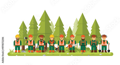 A team of eight forest workers in orange safety gear and green uniforms stand together in a lush forest setting with various tools and equipment ready.