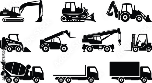 Heavy machinery and construction vehicles illustration set with excavator, bulldozer, tractor, skid steer loader, crane, forklift, cement mixer, flatbed truck, and box truck