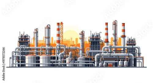 A vast oil refinery complex with intricate pipe networks and towering chimneys glows under a warm sunset sky in a detailed flat vector art illustration.