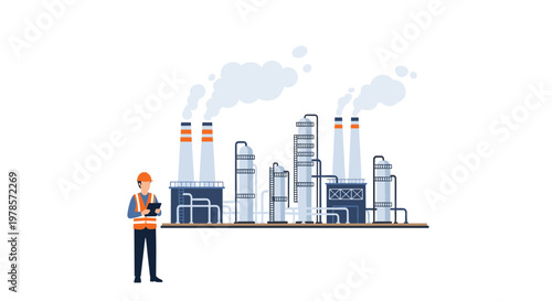 A professional worker in an orange high-visibility vest holds a tablet while monitoring a smoking industrial plant against a clean white background.
