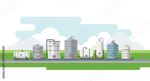 Diverse industrial storage tanks stand in a neat row across a flat green field under a bright expansive sky with soft white clouds and pastel tones.