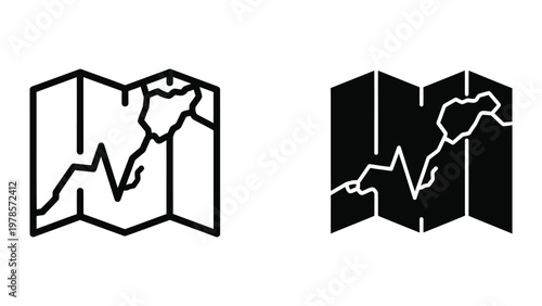 Contrasting map designs in folded and solid black styles depicting geographical regions.