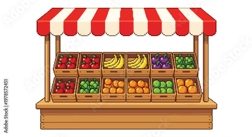 This pixel art illustration depicts a wooden market stall with a red and white striped awning, showcasing neatly organized crates of fresh fruit.