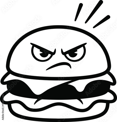 Angry burger character with furious expression and steam rising