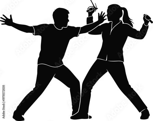 Self defense silhouette featuring man and woman in combat pose, personal safety training vector illustration isolated on white background