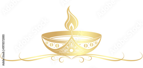 Vector illustration of a beautifully ornamented golden colored diwali diyas and attractive ribbon decoration with gracefully burning flames
