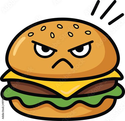 Angry burger with a scowling face and raised brows vector graphic