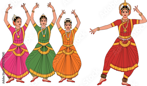 Classical Indian Dance Group in Traditional Costumes with Vibrant Colors for Cultural Events, Performances, and Art Designs