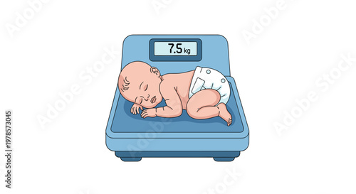 A tiny newborn infant rests peacefully on a modern blue digital weighing scale while the display clearly indicates a healthy weight of seven kilograms.