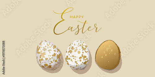 Happy easter greeting with decorated eggs on a beige background