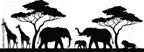 African savanna animals and trees silhouette elephant