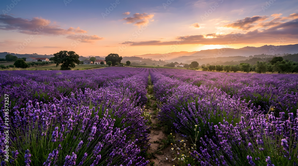 Fototapeta premium Lavender field in bloom during a golden sunset