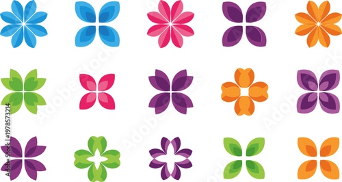 Colorful Flower Collection in Blue, Pink, Green, Orange, and Purple – Vector Illustration Set
