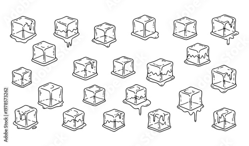 Minimal ice cubes outline doodle vector illustration simple icon set