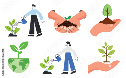 Man nurturing a young green plant for environmental sustainability, Hands holding a small green sprout growing from a pile of organic soil, Woman watering plant concept of save tree.