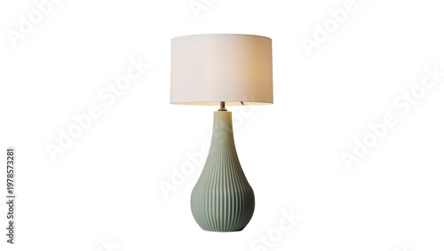 Photography Pale green ribbed ceramic table lamp with white shade, isolated on transparent b