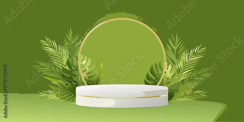 Minimalist product display with a golden arch and lush green foliage