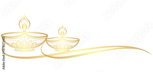 Vector illustration of two beautifully ornamented golden colored diwali diyas with gracefully burning flames