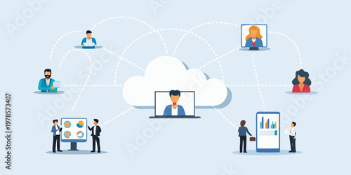 People connecting through a network and cloud computing illustration