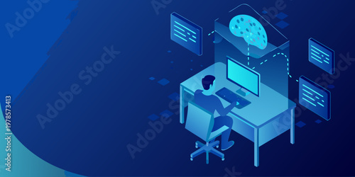 A person working at a desk with digital brain and data displays