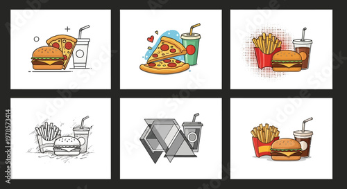 Fast food combo illustration with hamburger pizza slice french fries and soda cup in various artistic styles.