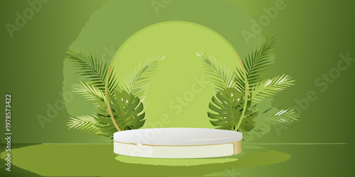 Minimalist product display with tropical leaves and a green backdrop
