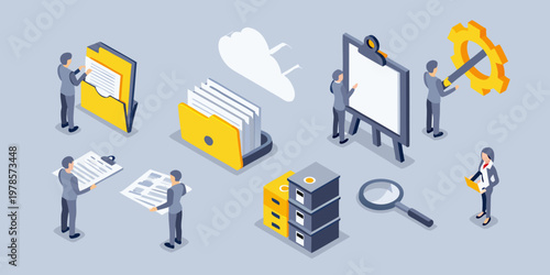Teamwork and data analysis concept with isometric illustrations