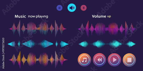 Colorful audio waveforms and music player controls on a dark background