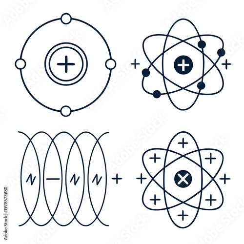 A vector graphic illustration of atomic structures and molecular bonds in a simple line art style