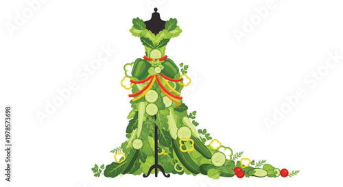 A stylish mannequin wears an elaborate gown meticulously crafted from fresh green cucumbers and crisp salad leaves in a bright isolated studio setting.