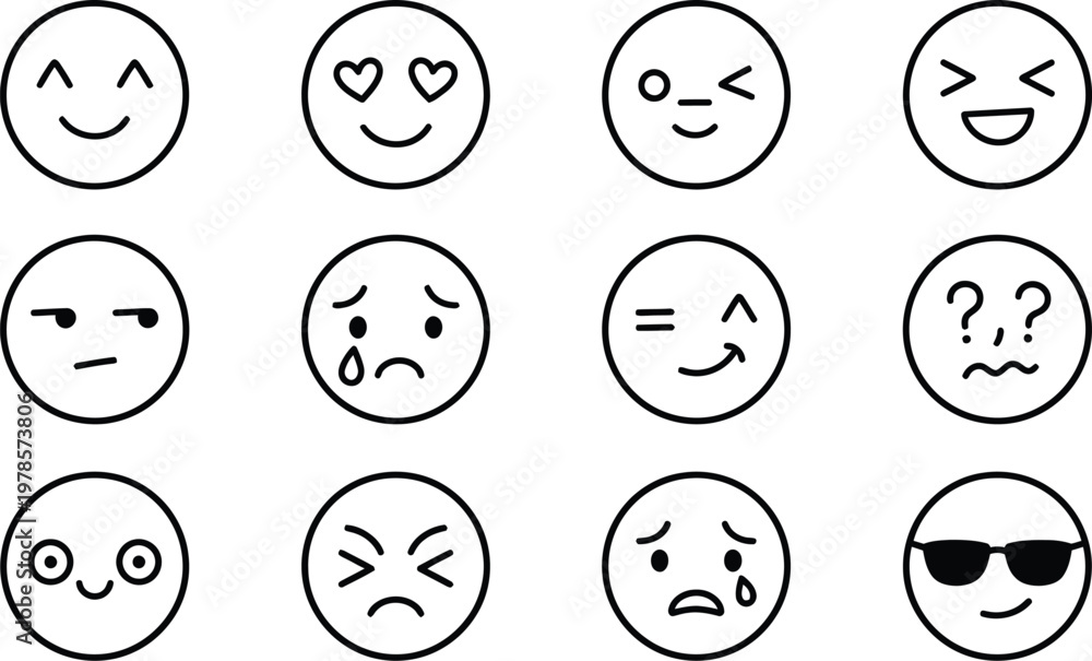 Fototapeta premium Minimalist emoji line icons, set of 12 black outline emoticons, modern facial expression symbols for social media and web design, EPS vector format