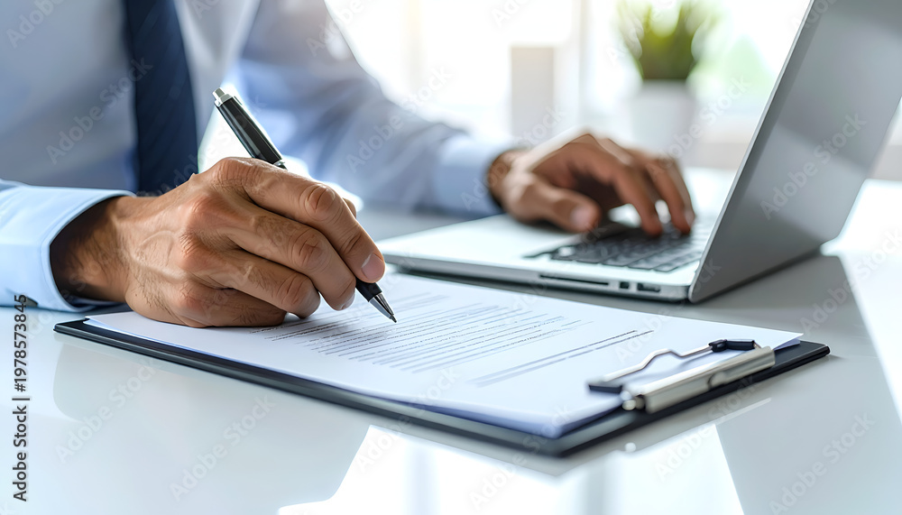 Fototapeta premium Businessman Writing on Clipboard and Typing on Laptop in Office.