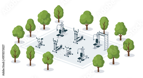 Isometric view of an outdoor gym facility with various exercise machines arranged on a clean platform surrounded by a perimeter of lush green trees.