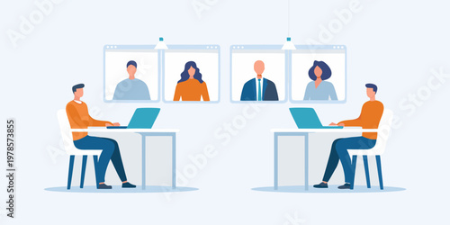 Two people collaborating with a team during a video conference call