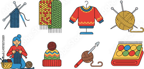 Knitting and Crocheting Vector Set Featuring Yarn, Needles, Sweaters, Scarves, and Knitting Tools for Craft, DIY, and Handmade Designs