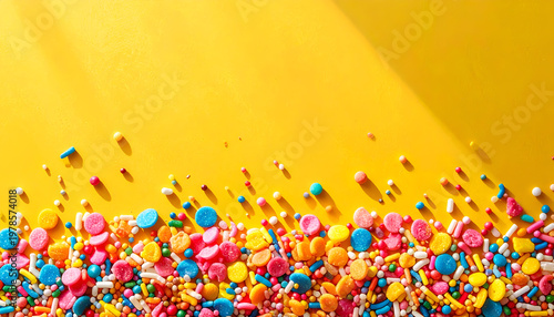 Vibrant Colorful Sprinkles on Bright Yellow Background for Festive Occasions.