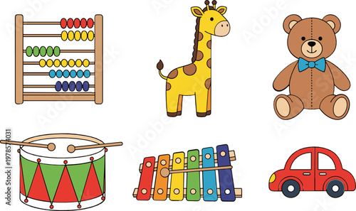 Colorful Toy Set for Kids: Abacus, Giraffe, Drum, Xylophone, Teddy Bear, and Car for Early Learning and Playtime