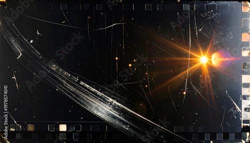 Abstract dark background with bright orange light flare and scratches.